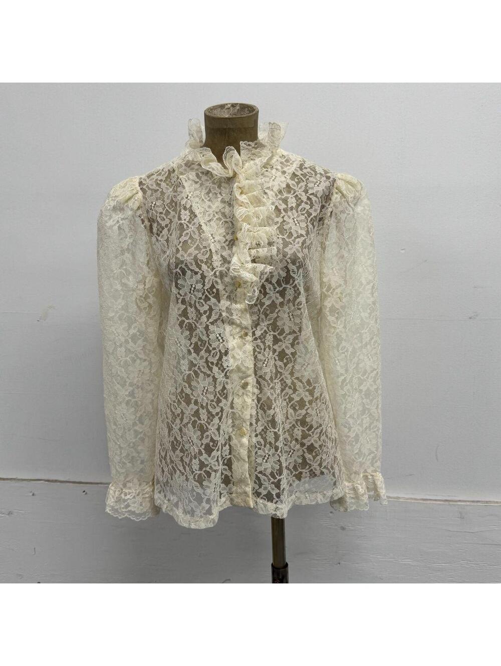 Vintage 70s 80s Rhoda Lee Sheer Cream Lace High Ruffle Jabot Blouse